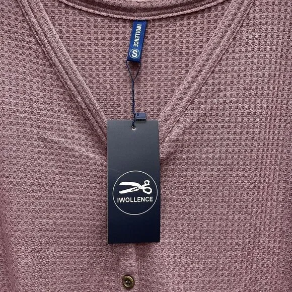 Iwollence Womens Small Waffle Knit Top Mauve Long Sleeve V Neck Tie Knot NWTs - Picture 6 of 8